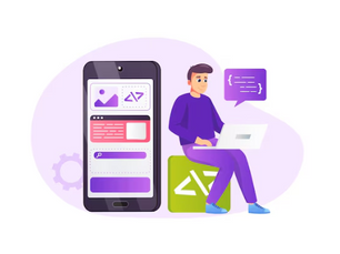 Illustration of a person in purple sitting with a laptop, next to an oversized smartphone displaying code. Speech bubble and gear icon in the background.