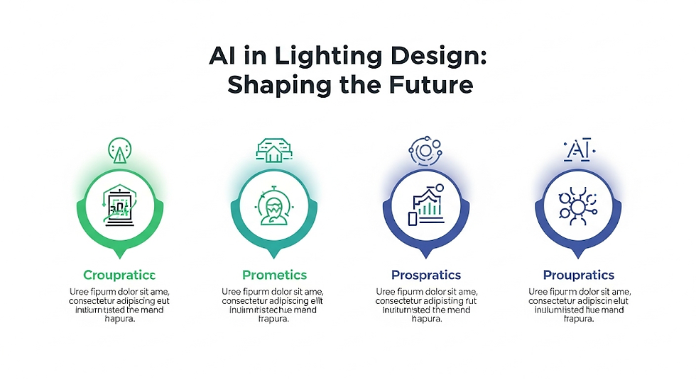 Icons and text on "AI in Lighting Design: Shaping the Future" theme. Four sections labeled Croupraticc, Prometics, Prospratics, and Proupratics.