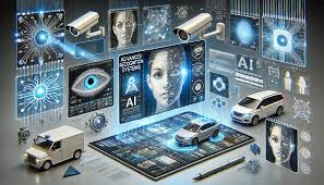 Futuristic AI technology concept with digital screens, cameras, vehicles, and a central human face. Predominantly blue tones and tech visuals.