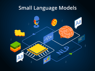 Diagram of small language models with icons of a brain, microchip, and texts "NLP", "Aa". Blue background, tech theme.