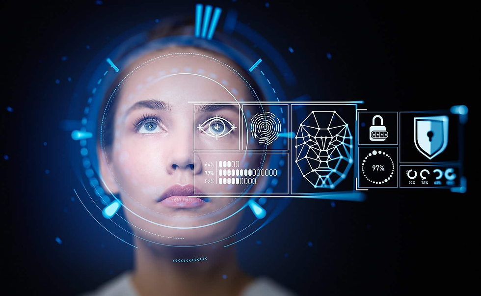 Woman's face with digital interface overlay; features, eye scan, fingerprint, and lock icon. Blue futuristic tech design.