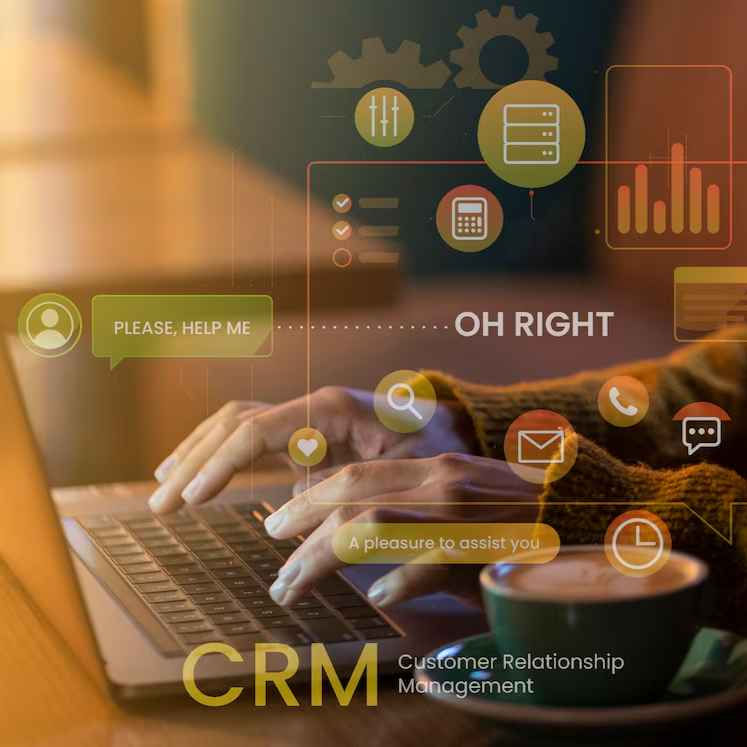 Hands typing on a laptop, surrounded by CRM icons and phrases like "PLEASE, HELP ME" and "OH RIGHT." Warm hues, coffee cup nearby.