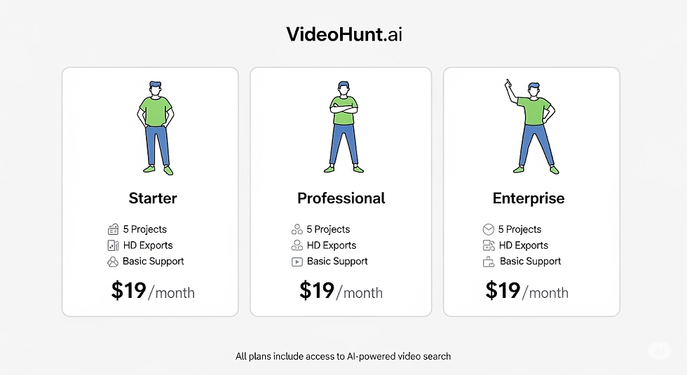 Three cartoon figures represent Starter, Professional, and Enterprise plans of VideoHunt.ai, each $19/month, featuring 5 projects and HD exports.