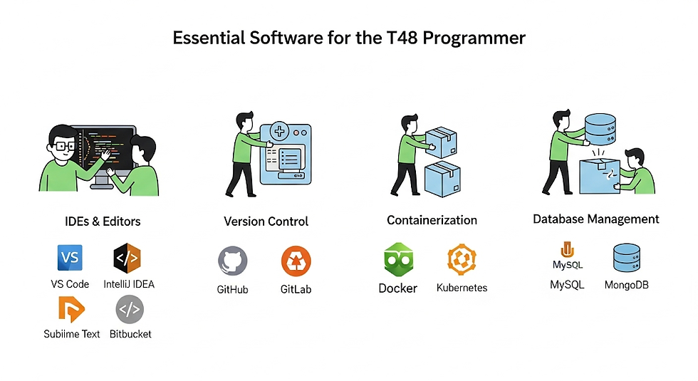 Illustrations of programmers using IDEs, version control, containerization, and databases. Featured tools: VS Code, GitHub, Docker, MySQL.