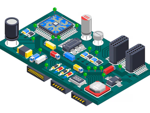 Illustration of a green circuit board with various colorful electronic components and chip patterns, set against a white background.