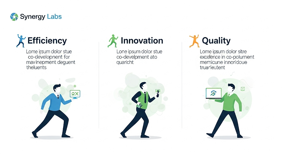 Three illustrated men represent Efficiency, Innovation, and Quality. Blue, green, and orange accents, with placeholder text and "Synergy Labs" logo.