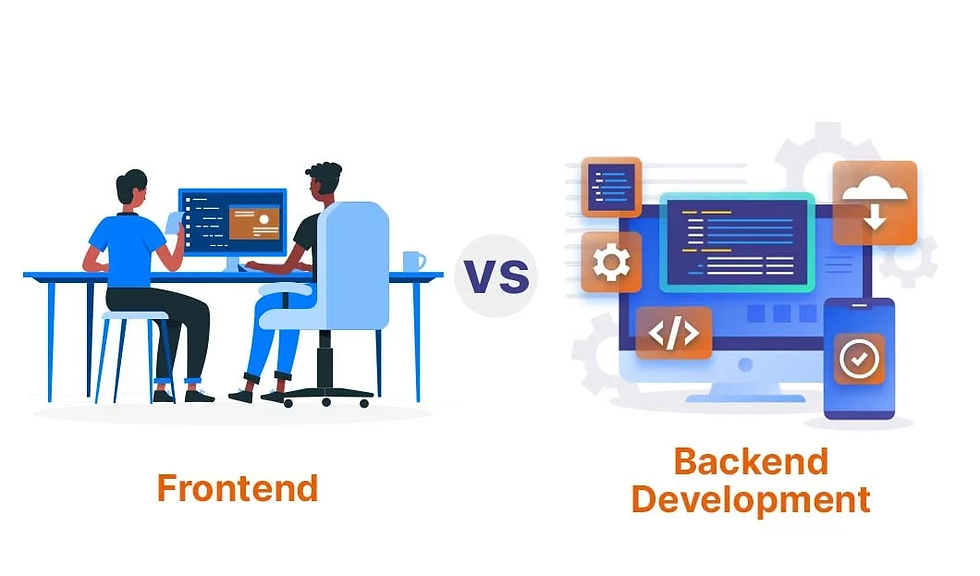 Two people coding at screens labeled "Frontend" vs icons for "Backend Development" with gears and cloud, set against a white background.