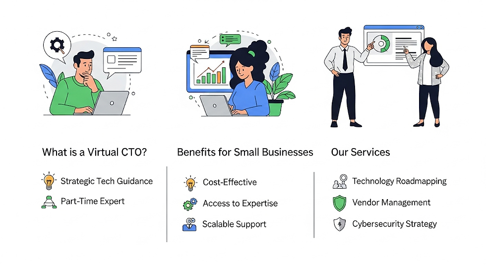 People using laptops with charts. Text: "What is a Virtual CTO?", "Benefits for Small Businesses", "Our Services". Lists of related services.