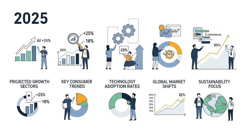 Infographic titled 2025 showing projected growth in AI, e-commerce, and sustainability. Features charts, arrows, gears, and a globe.