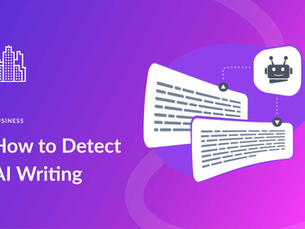 Purple background with AI bot icon and text documents, titled "How to Detect AI Writing" in white. Mood is informative and tech-focused.