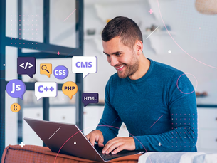 Man typing on a laptop, surrounded by programming icons like HTML, CSS, and CMS. Bright, modern room, focused and enthusiastic.