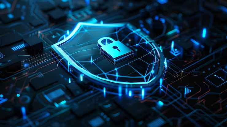 Glowing digital shield with a lock icon on a circuit board background, featuring blue neon lines, symbolizing cybersecurity and protection.