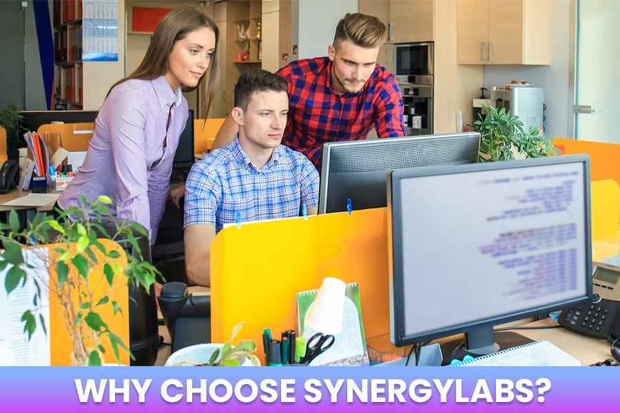 Three people in an office setting focus on a computer screen. Bright orange partitions, plants, and blurred code on monitors. Text: "WHY CHOOSE SYNERGYLABS?"