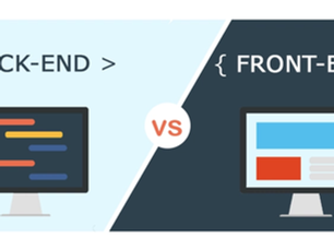 Comparison image with "Back-End" and "Front-End" text. Two monitors show different colored code on a light and dark background, split by "VS".