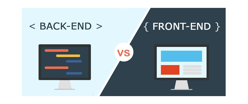 Comparison image with "Back-End" and "Front-End" text. Two monitors show different colored code on a light and dark background, split by "VS".
