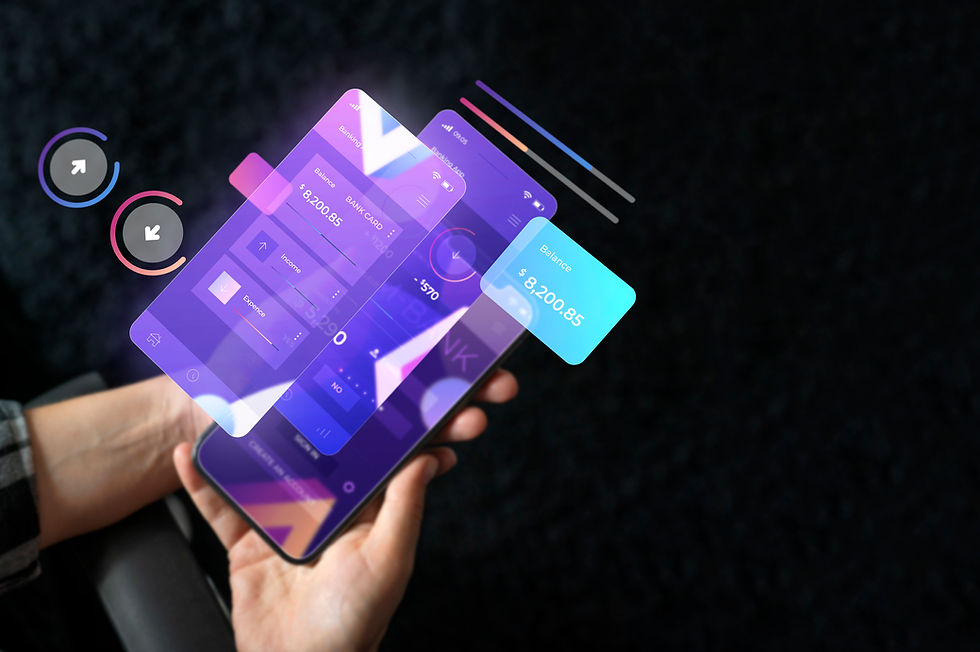 Hands holding a smartphone displaying holographic financial data, with a balance of $8,200.85. Dark background, futuristic theme.