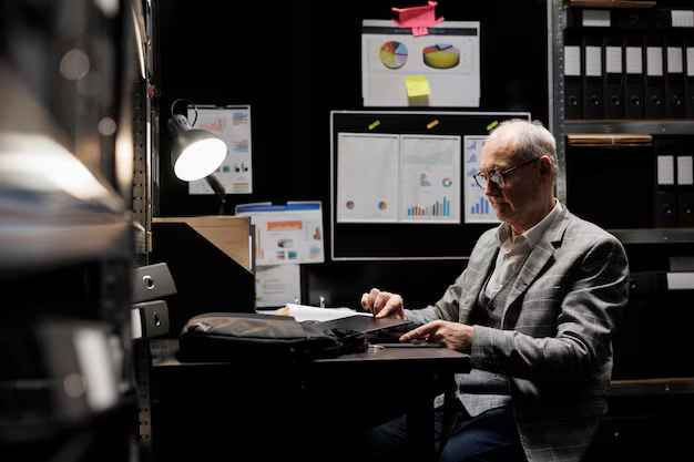 Man in a gray suit working at a desk in a dimly lit office, surrounded by charts and folders. He appears focused.