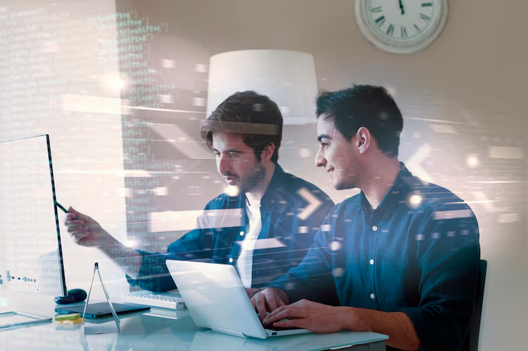 Two men at a desk collaborate on a project, one pointing at a monitor. A laptop, code overlay, and a wall clock are visible. Office setting.
