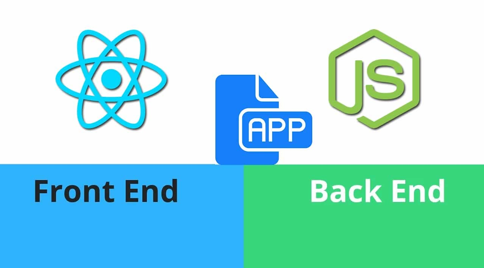 React logo and "Front End" text on blue; Node.js logo and "Back End" text on green; central APP icon on white background.