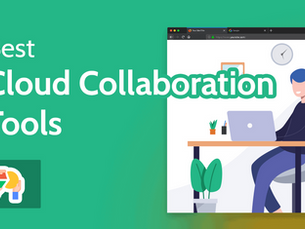 Person at desk using laptop, green plant beside, against a white background. Text: "Best Cloud Collaboration Tools" on green banner.