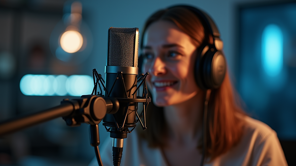 Close-up view of a microphone and headphones in a podcast studio