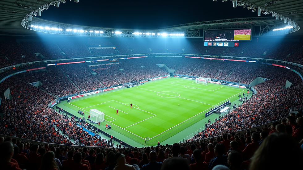 high angle view of a stadium with a live sports event being streamed on a big screen