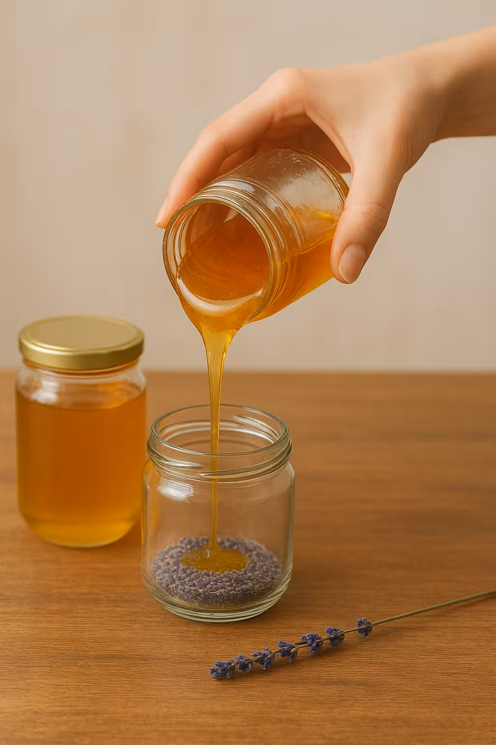 Kavanoza lavanta ile tatlandırılmış bal dökülürken, sağlıklı doğal tatlandırıcı hazırlığı