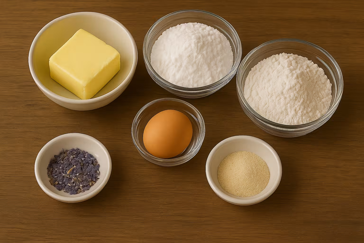 Lavantalı kurabiye yapımı için hazırlanan tereyağı, un, yumurta, şeker ve lavanta çiçekleri.