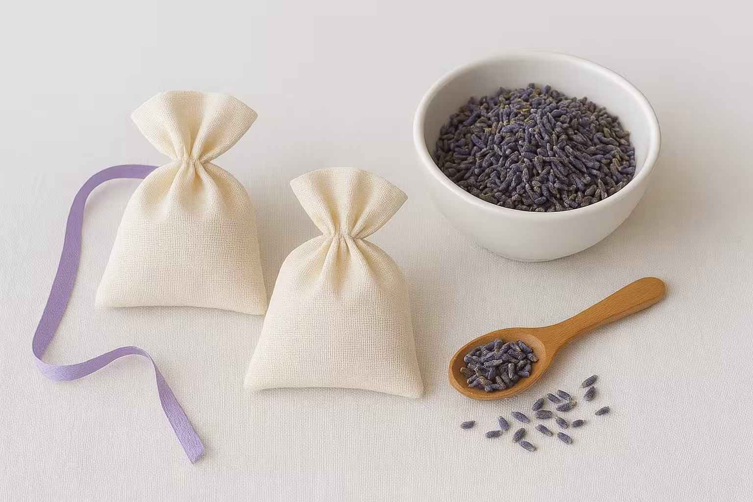 Beyaz pamuklu keseler, kurutulmuş lavanta dolumuna hazır şekilde.