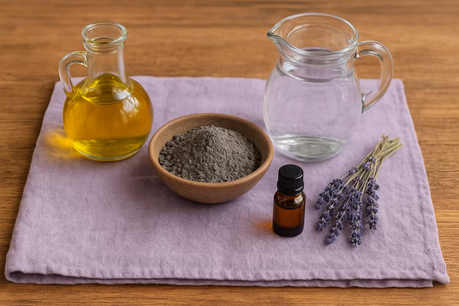 Lavantalı sabun yapımı için kullanılan yağ, su, kurutulmuş lavanta ve uçucu yağ malzemeleri.