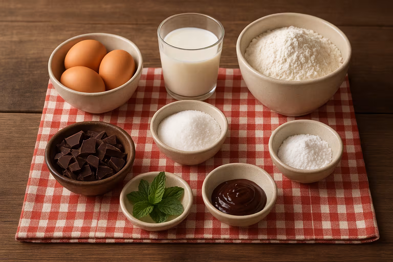 Naneli çikolatalı kek için gerekli malzemeler masada hazırlanmış halde.