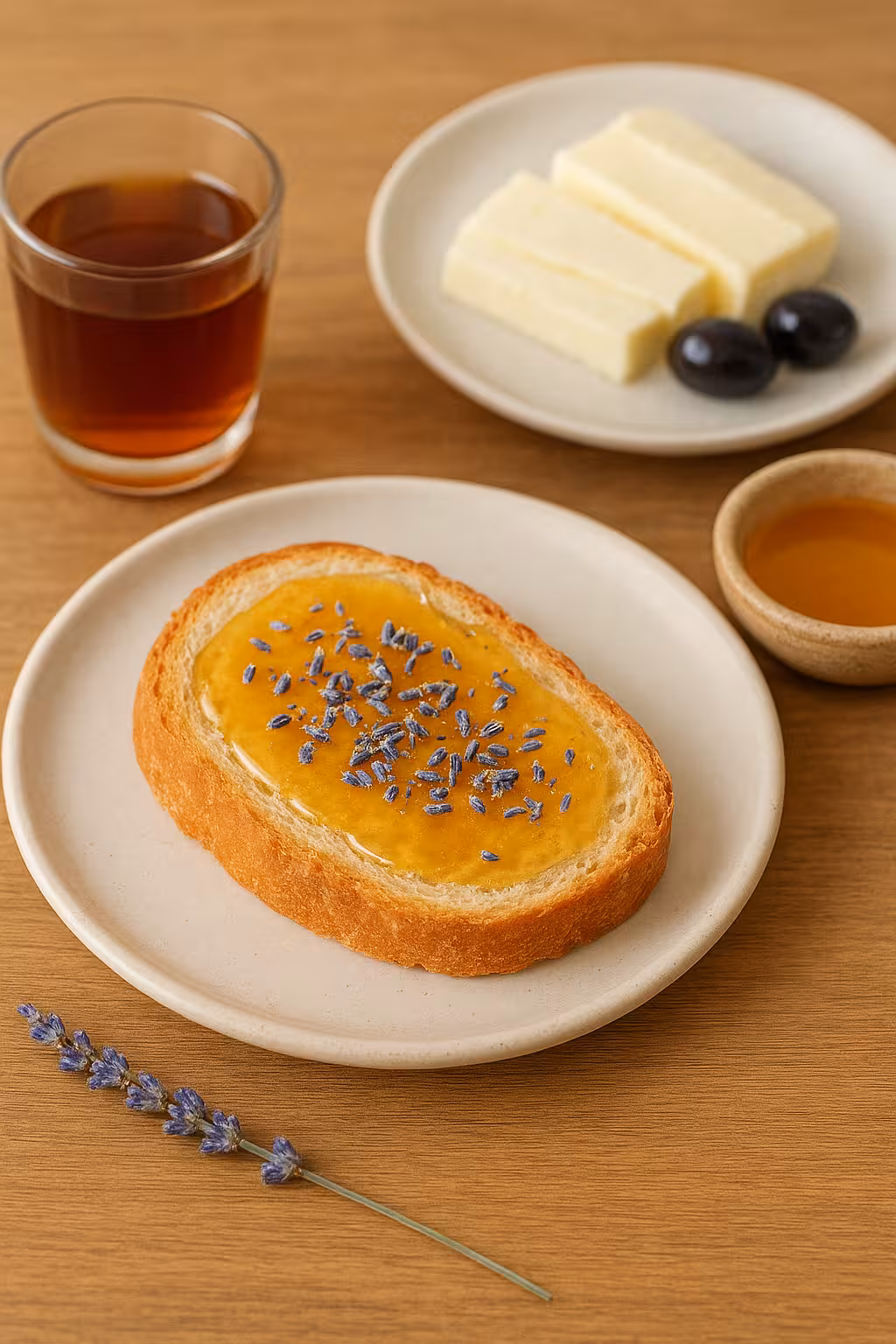 Kahvaltı masasında kızarmış ekmek üzerine sürülmüş lavantalı bal, çay ve peynirle birlikte