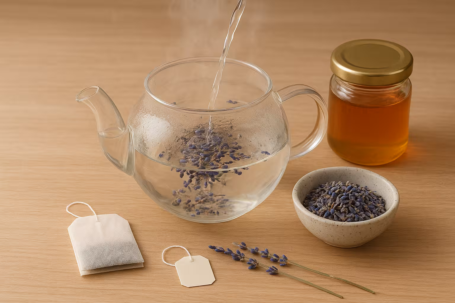 Cam demlikte lavanta üzerine sıcak su dökülerek çayın hazırlanışı.