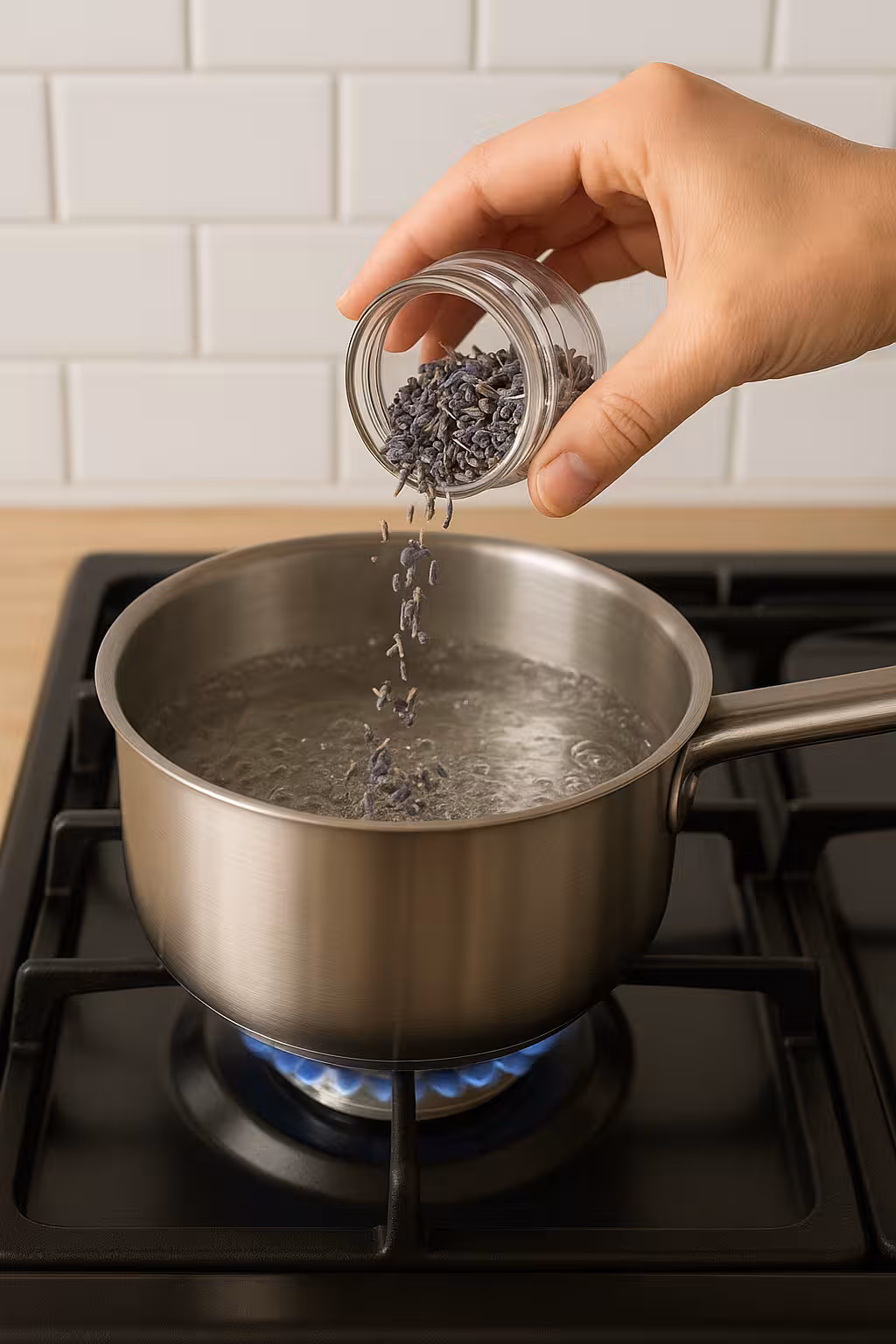 Kaynayan suya lavanta eklenerek lavantalı limonata demleme aşaması.