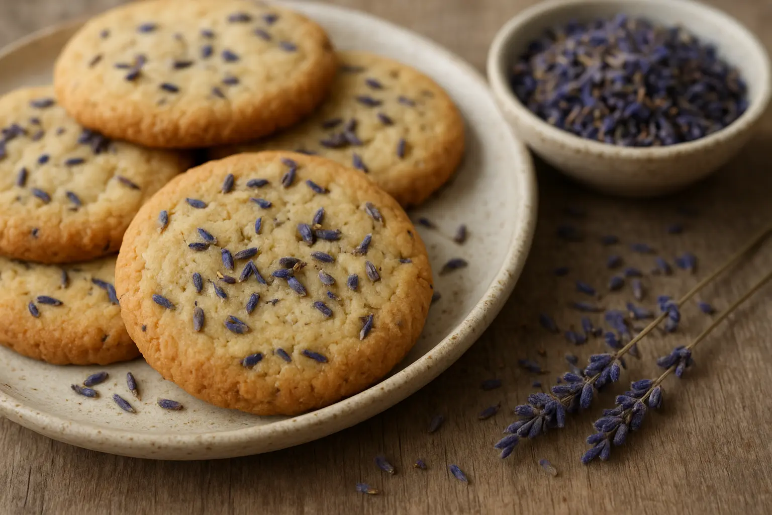 Tabakta sunulan, üzerine lavanta serpilmiş ev yapımı kurabiyeler.