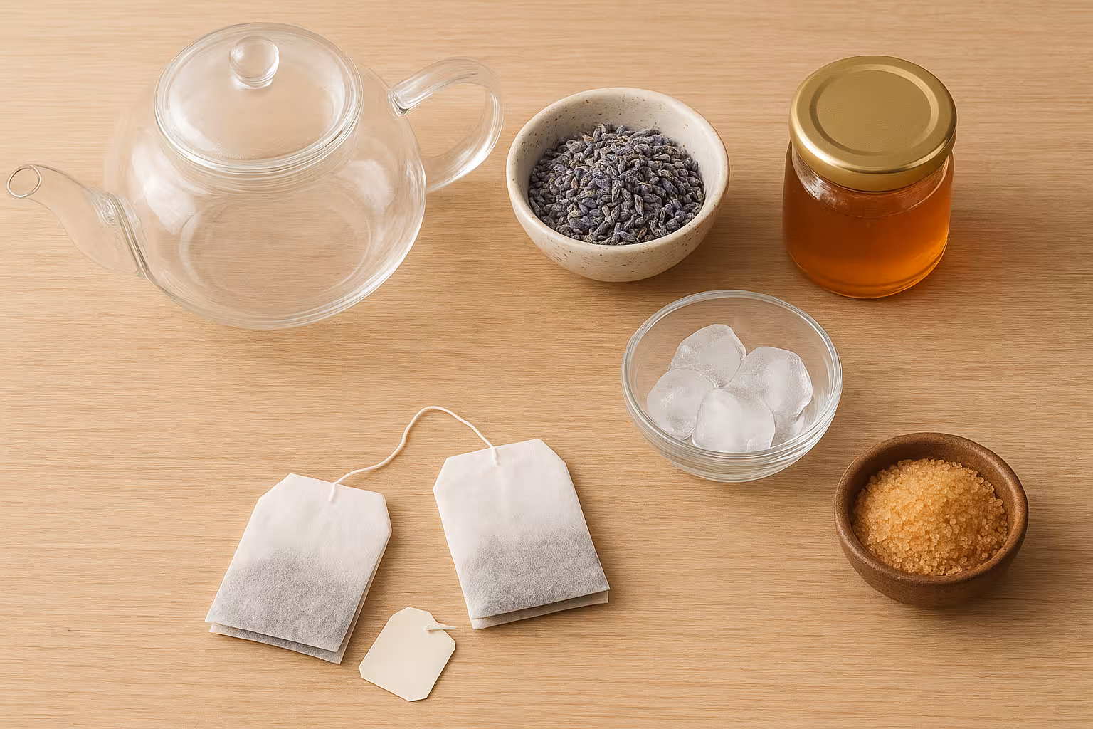 Çay poşeti, lavanta, bal ve buzla lavantalı soğuk çay malzemeleri.