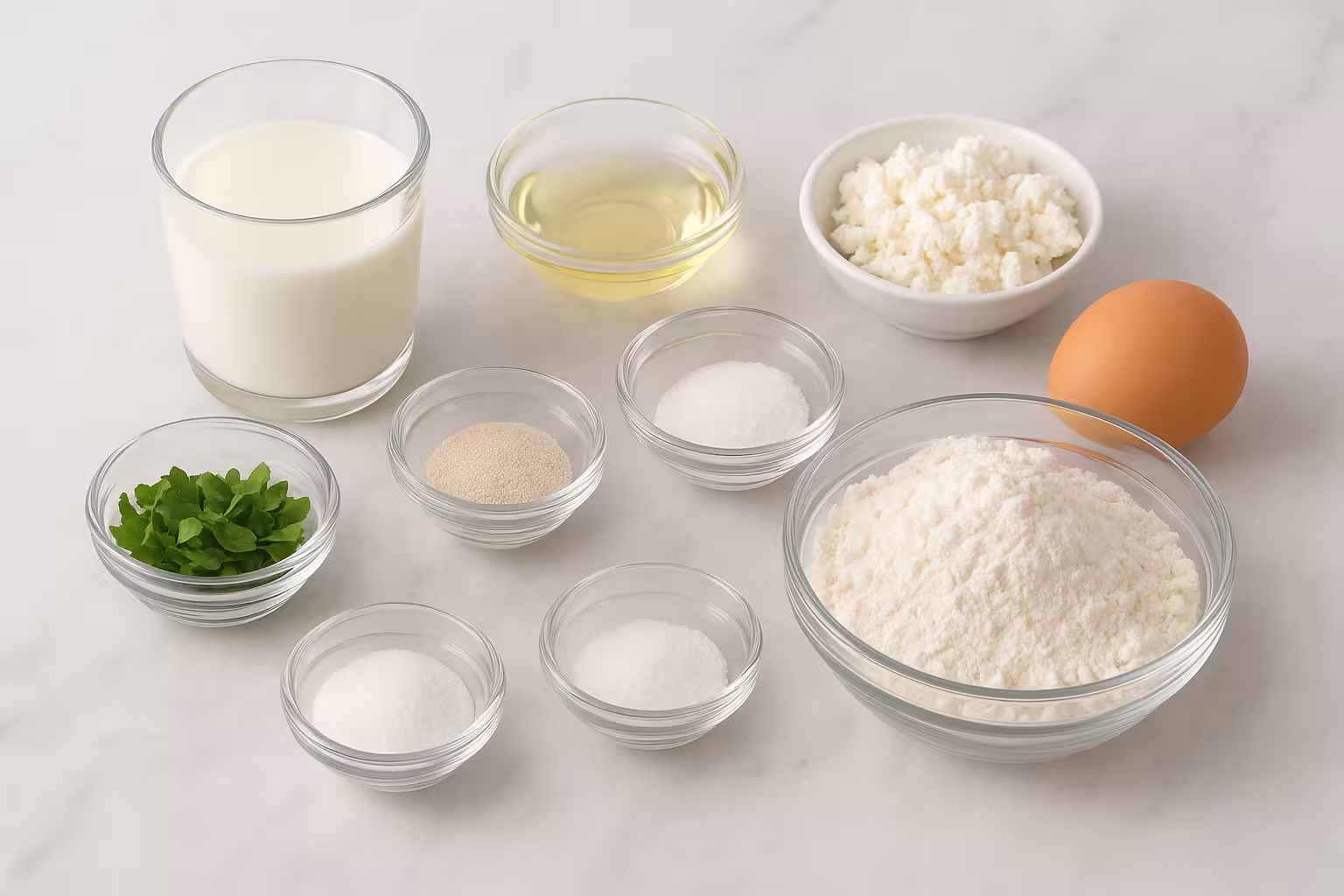 Naneli poğaça için hazırlanan un, süt, yağ ve nane malzemeleri.