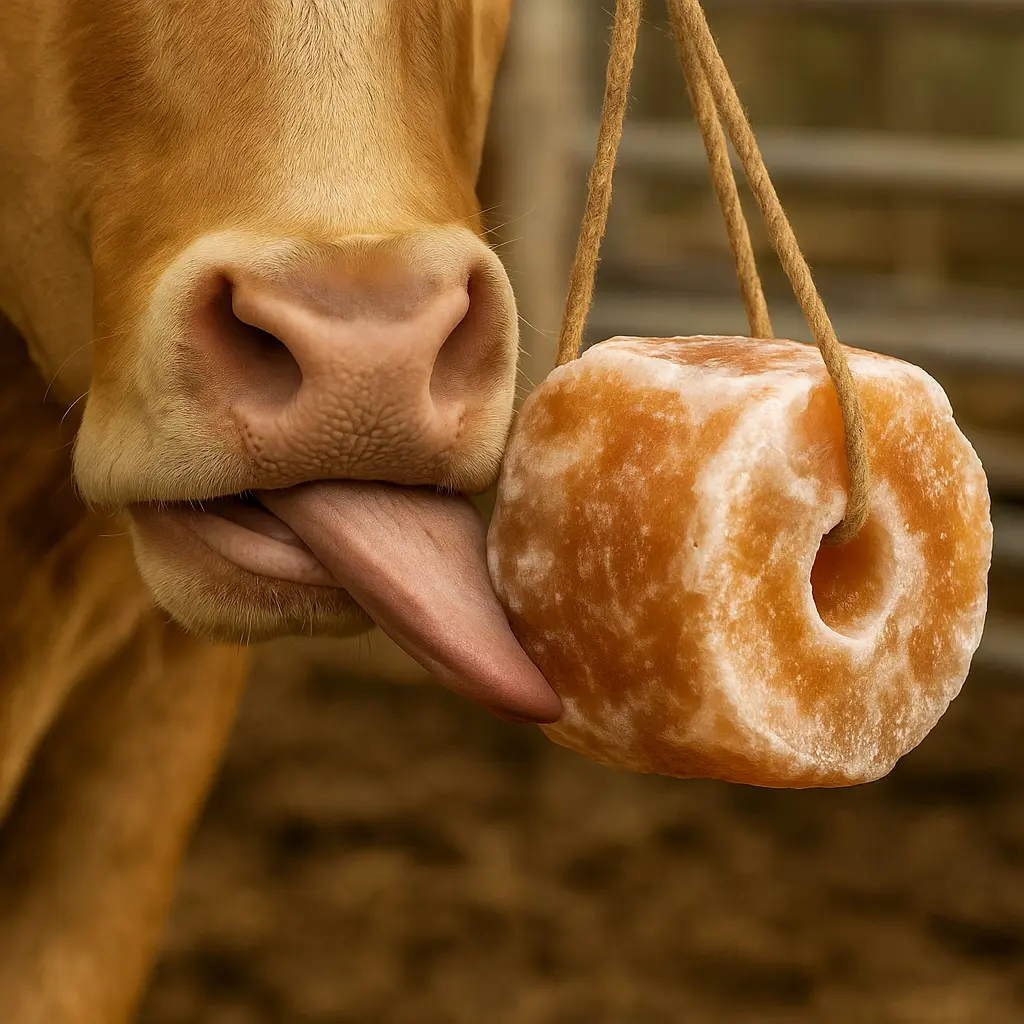 Mineral blok yalayan inek başı ve dili görünür halde.