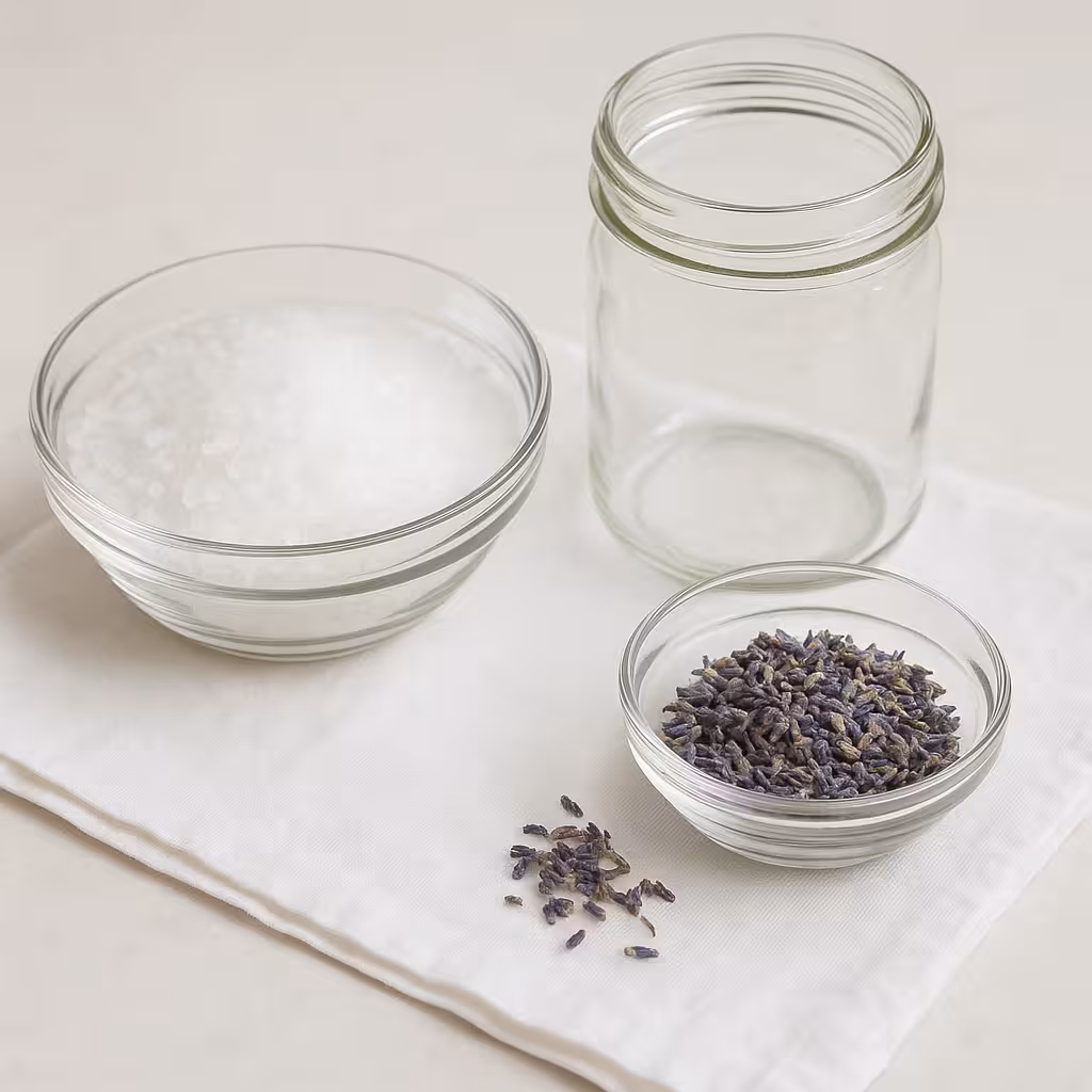 Cam kavanoz, deniz tuzu ve kurutulmuş lavanta malzemeleri.
