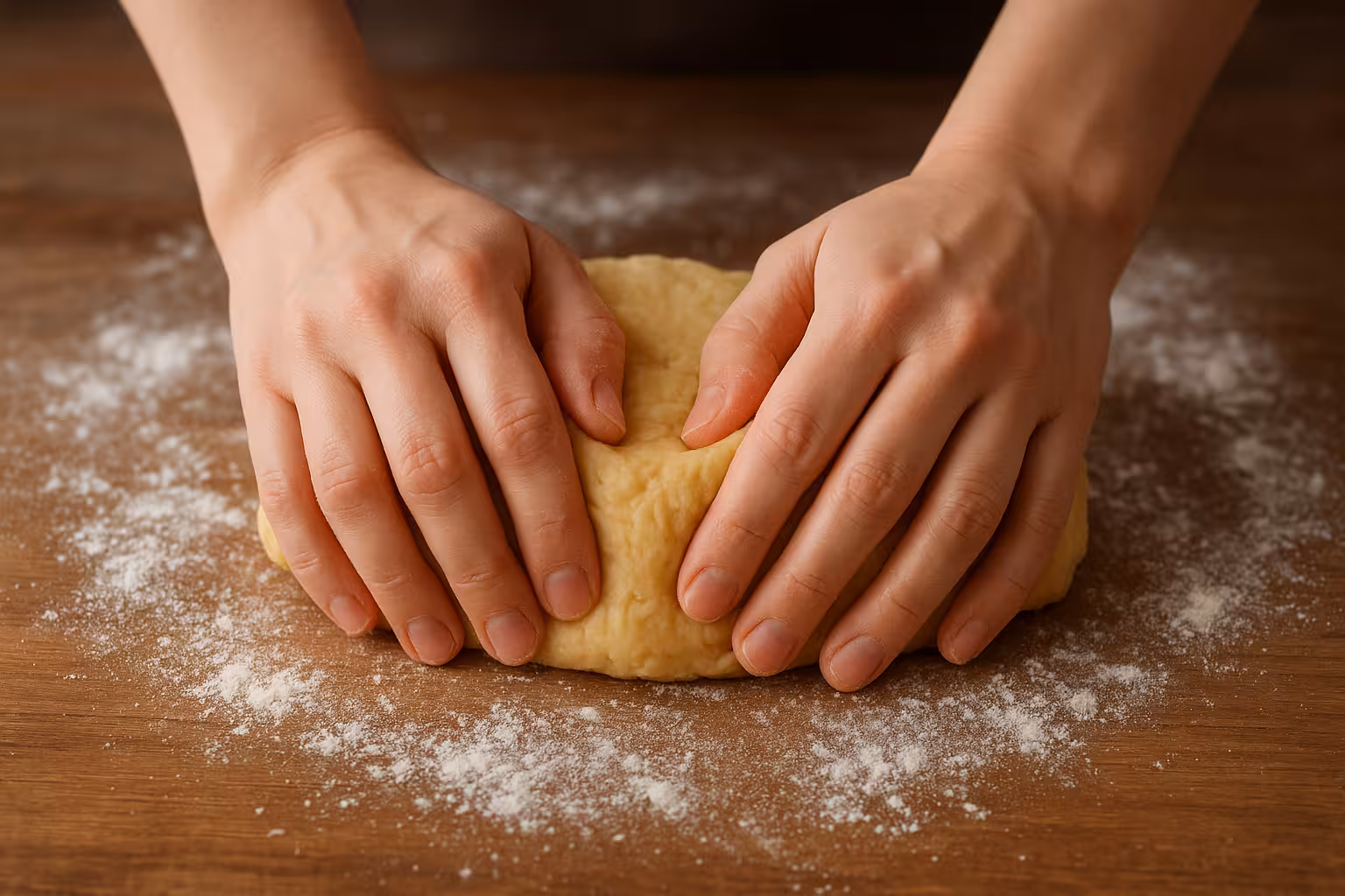 Lavantalı kurabiye hamuru elde yoğrulurken çekilmiş yakın plan görsel.