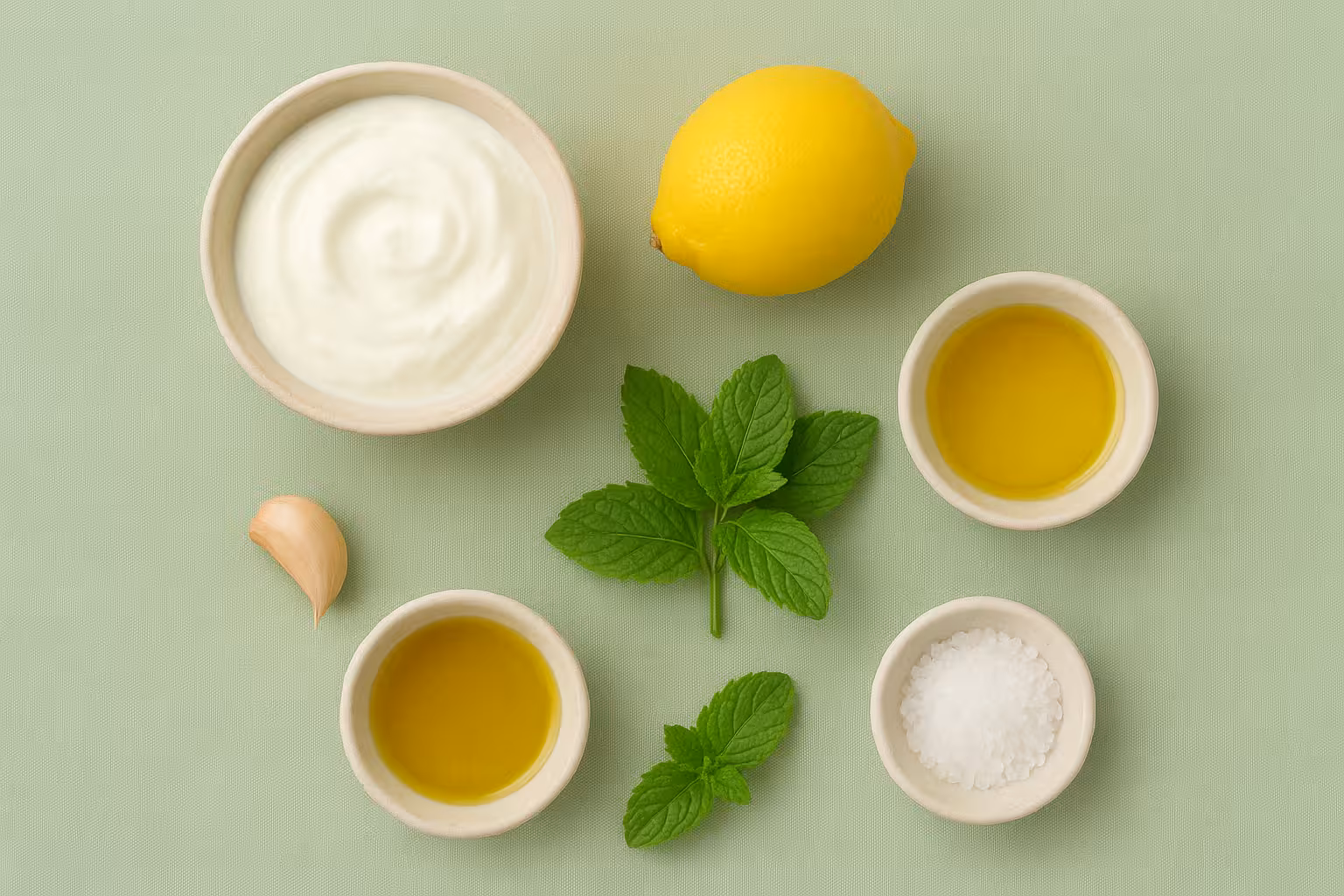 Yoğurt, limon, nane ve sarımsakla hazırlanan naneli sos malzemeleri.