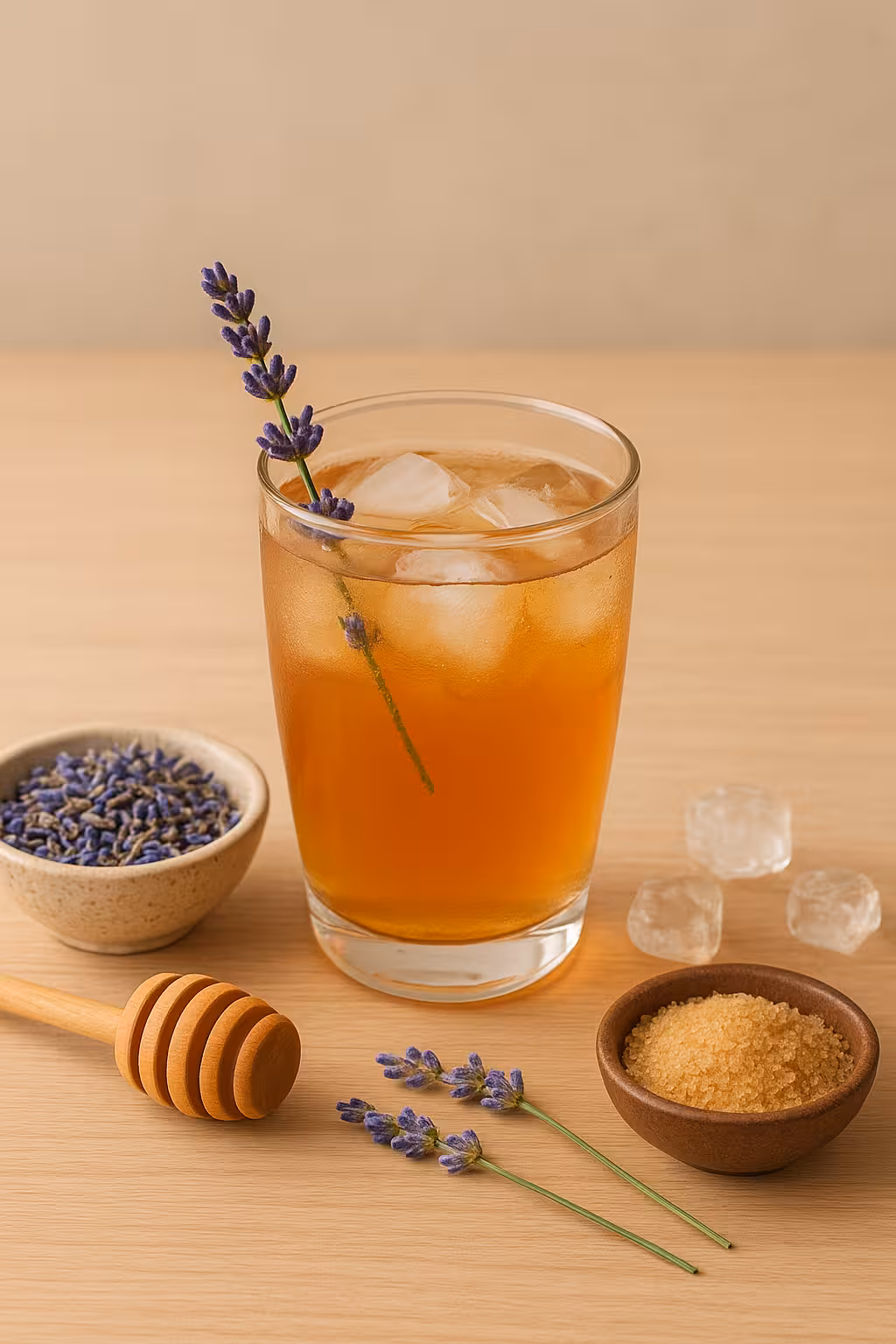 Buzlu bardakta lavanta çiçekleriyle süslenmiş lavantalı soğuk çay servisi.