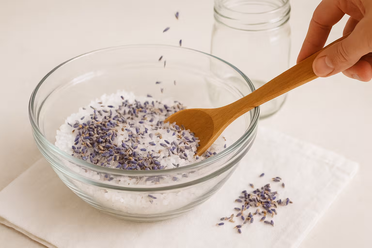 Karıştırma kabında lavanta çiçekleri ile karıştırılan banyo tuzu.