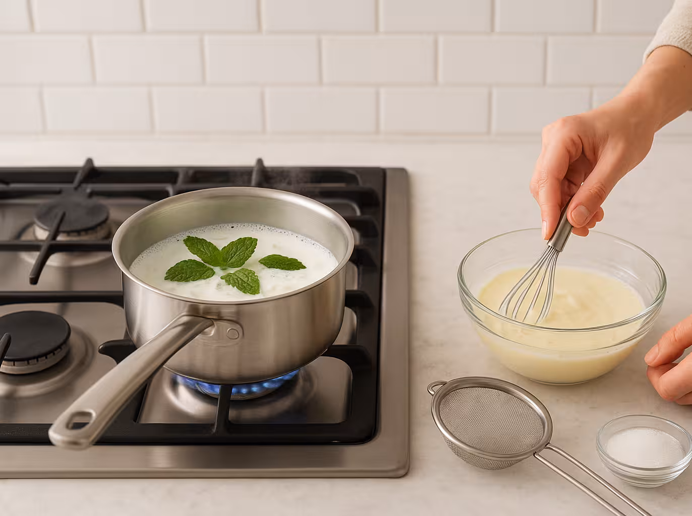Kaynayan sütün içinde taze nane yapraklarıyla naneli dondurma hazırlığı.