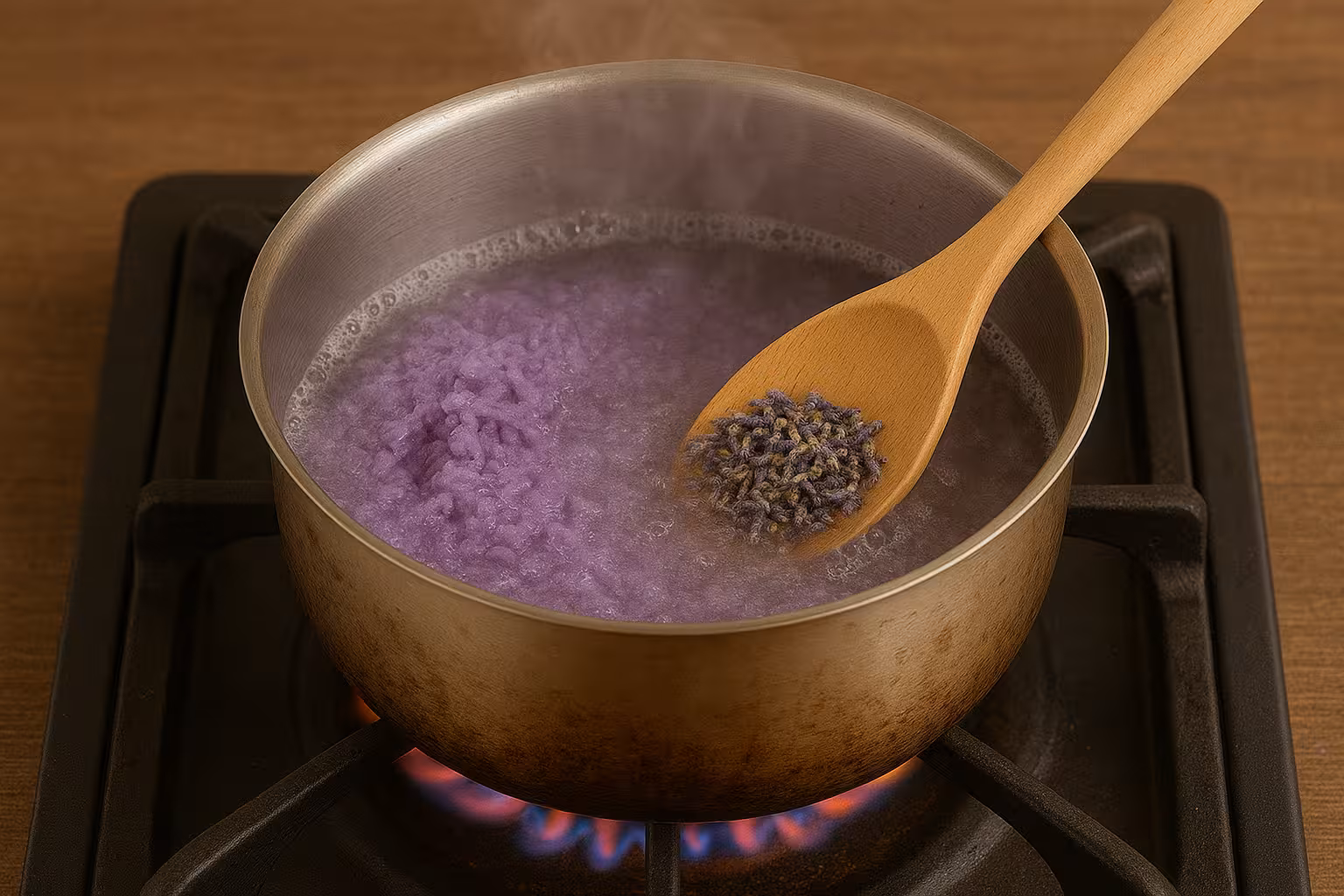 Tencerede mor renkli lavantalı sıvı sabun karışımı karıştırılıyor.