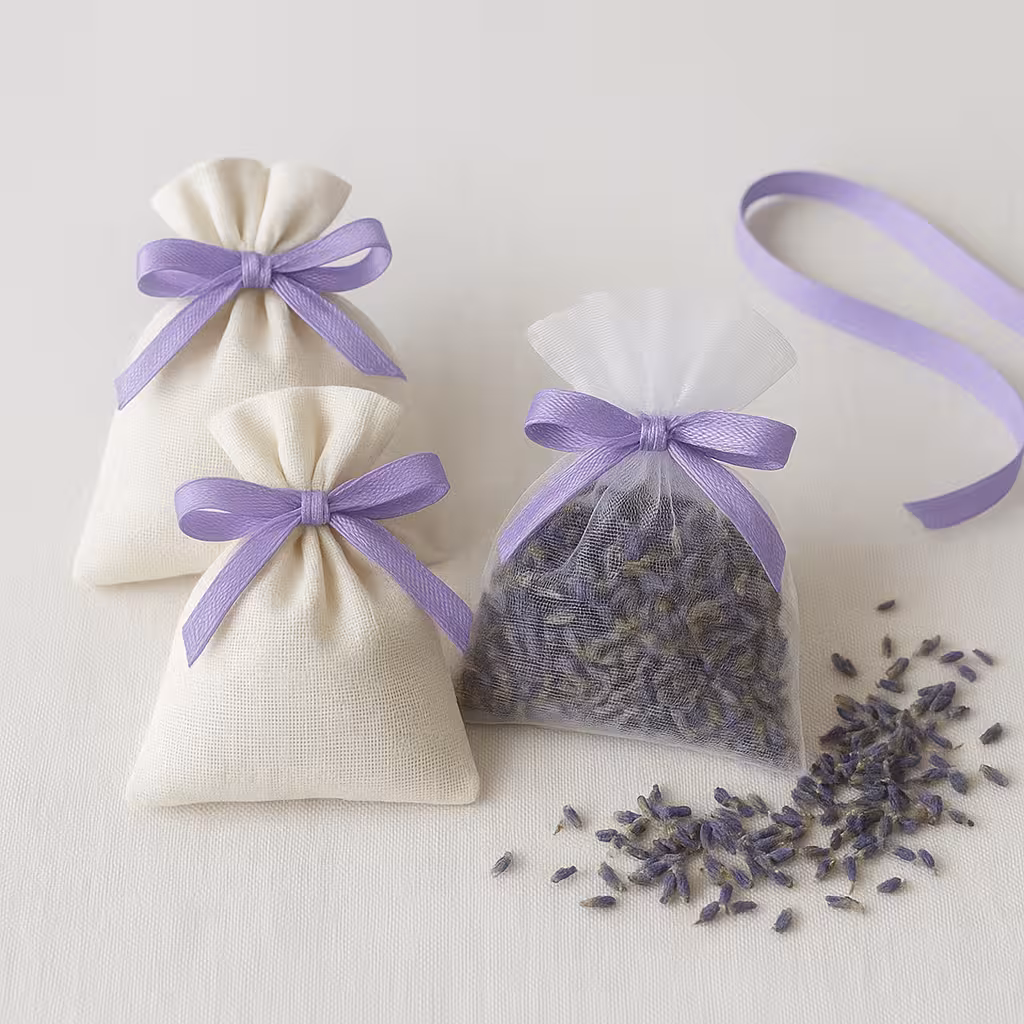 Kurdeleyle süslenmiş lavanta keseleri ve dökülmüş lavanta taneleri.