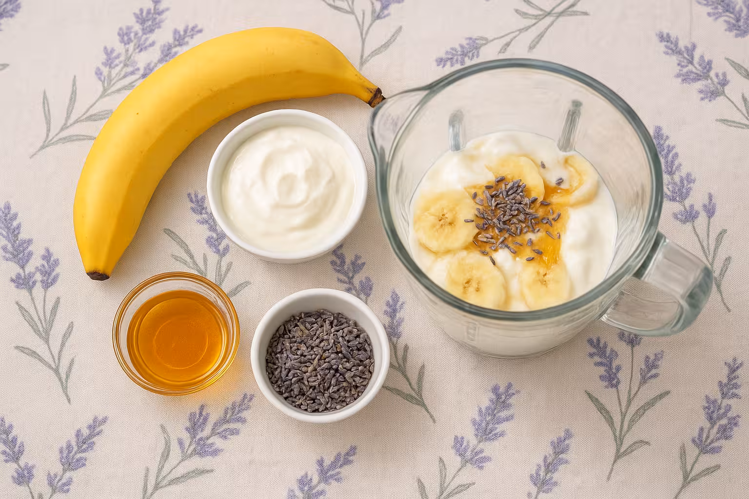 Muz, yoğurt, bal ve lavanta taneleriyle smoothie yapımı için hazırlık.