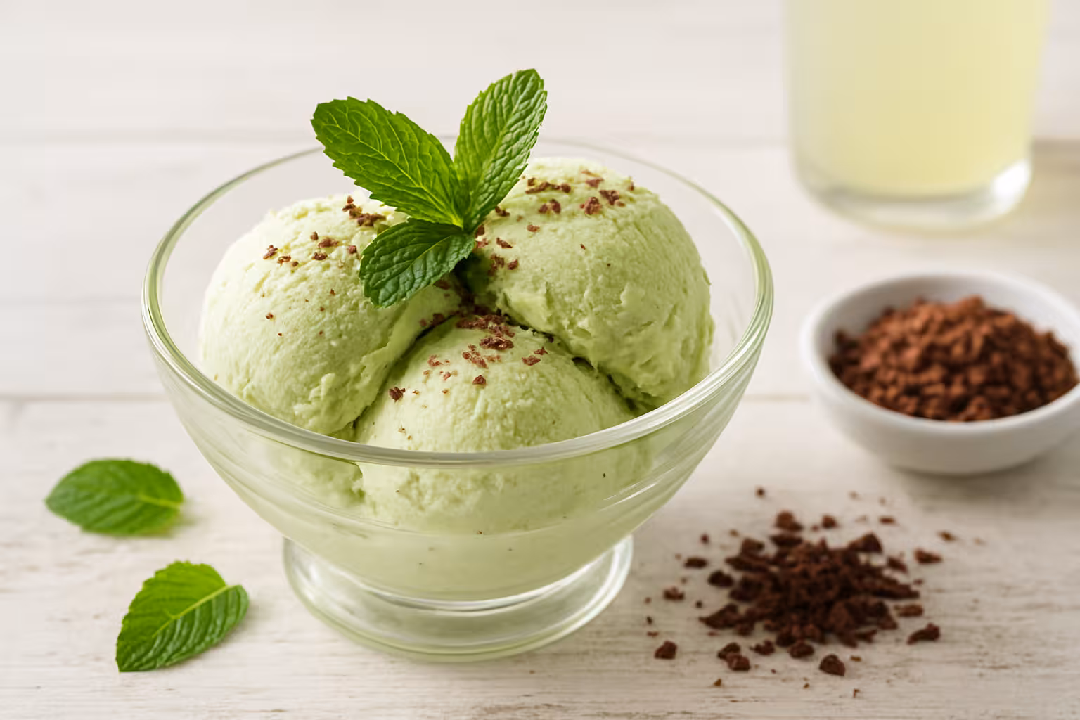 Kaseye alınmış, taze nane yaprağıyla süslenmiş naneli dondurma topları.