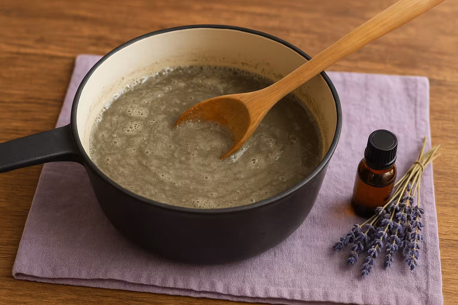 Tencerede kaynayan lavantalı sabun karışımı tahta kaşıkla karıştırılırken.