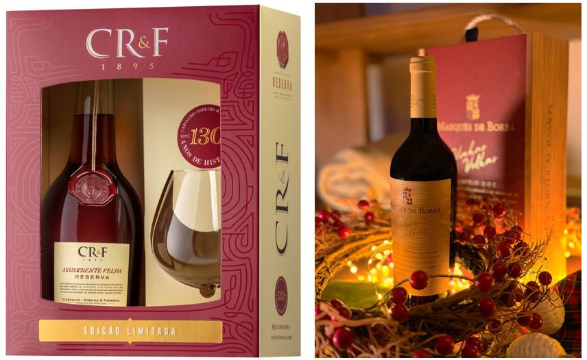 Caixa de presente CR&F com garrafa e taça, texto "Edição Limitada". Vinho tinto em fundo com luzes e enfeites vermelhos, clima aconchegante.